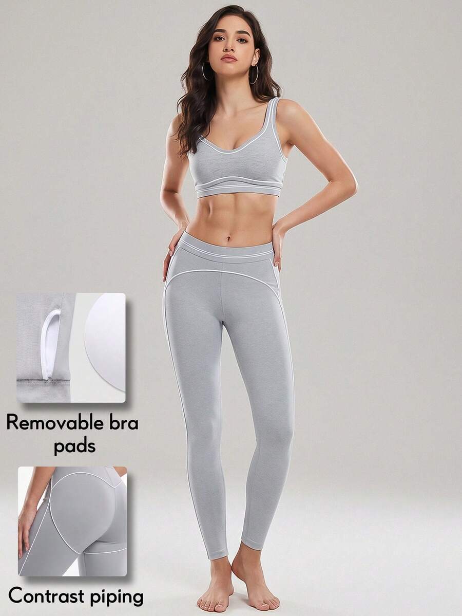 KyrLssu Women's Contrast Piping Sports Bra & Leggings Set, Two Pieces Workout Outfit For Gym Yoga Running - Grey - View 1