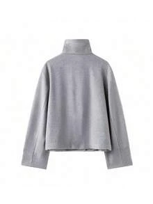A Women's Loose-Fitting, Regular-Style Long-Sleeved Wool Coat Featuring A Stand-Up Collar And Dropped Shoulders, Suitable For Daily Winter Wear. - Grey - View 5