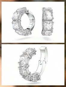 SWAROVSKI 方形切割水晶耳釘，全鋪滿錐形方形水晶耳環，送給女友的生日禮物 - 銀色 - 查看 6