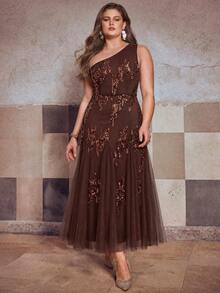 Simplee Women's Plus Size Asymmetrical Shoulder Sequin Long Dress, Fashion Elegant Evening Gown, Contrast Mesh Fish Tail Design, Suitable For Evening Party, Christmas - Coffee Brown - View 1