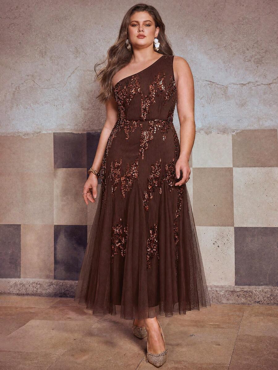 Simplee Women's Plus Size Asymmetrical Shoulder Sequin Long Dress, Fashion Elegant Evening Gown, Contrast Mesh Fish Tail Design, Suitable For Evening Party, Christmas - Coffee Brown - View 1