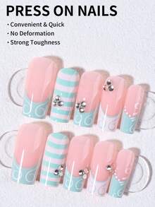 24pcs Medium Length Square Green Striped French Tip False Nails With Rhinestones, Nail Set Includes 1pc Jelly Glue And 1pc Nail File, Fall Nails Suitable For Women's Daily Work, Party And Other Occasions - Multicolor - View 3
