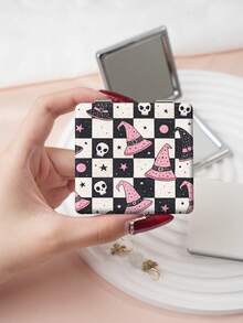 1PC Ins Halloween Series Portable Vanity Mirror, Foldable Lightweight Ultra-Thin Convenient Hand Mirror, PU Leather, Suitable For Multiple Scenarios And All People, Foldable Small Square Mirror, Pocket Mirror, Cartoon Skull Ghost Pumpkin Bat Ditsy Floral Pattern Design, Exquisite Handheld 180° Flip Cover Multi-Function Mini Mirror - Multicolor - View 7