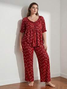 Rosiemei Plus Size Women's  Bow Print Pajama Set, V-Neck Frill Trim Short Sleeve Top + Wide Leg Long Pants - Multicolor - View 2