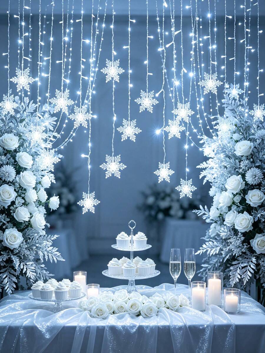 1PC Cool‑White LED Curtain Light, 4M 96‑LED Snowflake Curtain String Lights, USB Powered 8 Lighting Modes Fairy Light For Indoor Christmas Valentine Birthday Home Decor - Snowflake Curtain Lights - View 1