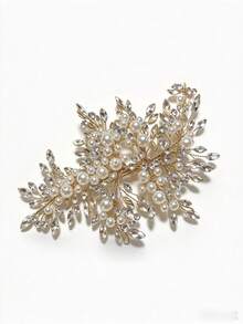 Light Luxury Mori Style Bridal Hair Accessories, Pearl & Marquise Rhinestone Leaf Hair Clip/Comb, Wedding Makeup Styling Accessory, Banquet Hair Ornament - Gold - View 12