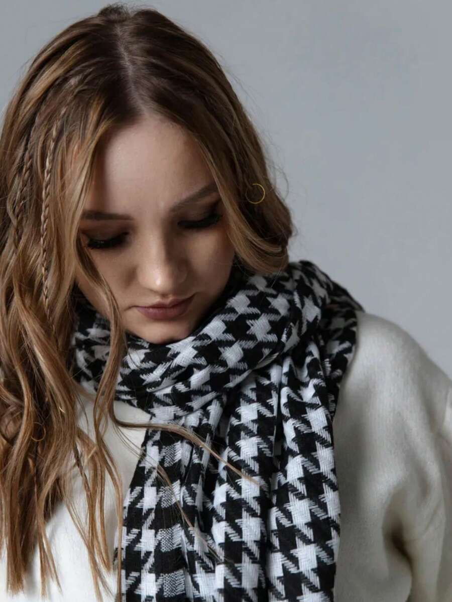Syal Rajut Motif Houndstooth untuk Wanita, Syal Gaya Korea Serbaguna dan Hangat untuk Musim Gugur/Dingin, Cocok untuk Pelajar - MultiWarna - View 1