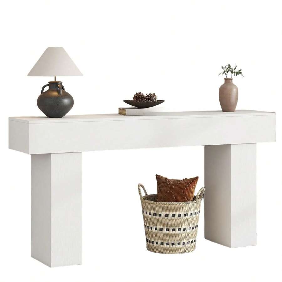 Mesa consola rectangular de 63 pulgadas de madera, mesa de entrada blanca clásica, mesa lateral para pasillo, foyer y sala de estar, estructura estable y montaje sencillo - 1 - Ver 1