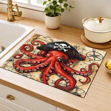 1pc Pirate Octopus Illustration Diatom Mud Absorbent Drying Mat, Kitchen Countertop Draining Mat, Coffee Machine Mat, Dish Drying Mat, Dining Table Breakfast Mat, Non-Slip Heat-Resistant Easy To Clean Hidden Water Stains, Suitable For Kitchen, Dining Table, Coffee Shop, Bar, Home Decor, Holiday Gift - Multicolor - View 4