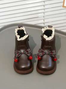 Children's Cute Bow Decor Side Zipper Ankle Boots - Brown - View 3