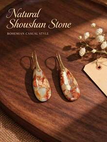 1PC Natural Shoushan Stone Water Droplet Gold Hook Earrings. Bohemian Casual Style, Suitable For Parties And Daily Wear, The Best Gift For Ladies - Khaki - View 1