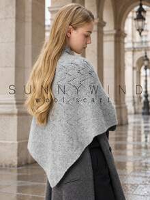 قطعة واحدة وشاح مثلث من الصوف المحبوك بلون موحد مع تصميم مفرغ، كاجوال ومتعدد الاستخدامات للنساء، للارتداء اليومي في الخريف/الشتاء - رمادي - مشاهدة 5
