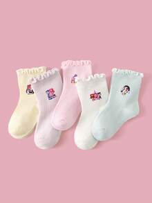 KPop Demon Hunters Spring/Autumn 5 Pairs Kids School Lace Socks, Anime K-POP Demon Hunter Girl Print Socks, Fashionable Soft Skin-Friendly Comfortable Sweat-Absorbent Breathable Mid-Calf Ruffle Edge Sports Socks, Suitable For Outdoor Sports/Back To School/Travel/Daily Wear, Random Color And Style - Multicolor - View 4