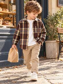 Young Boy Classic Streetwear Brown Plaid Long Sleeve Shacket, Kids/Toddler - Brown - View 3