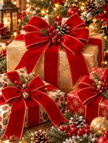 Christmas DIY Decoration Ribbon With Flocked Trim 2 Yards, Gold Edge Red Flocked Ribbon, Christmas Tree Wreath Decoration, Bow Christmas Tree, Gift Wrapping DIY Material Flocked Flocked Ribbon, Christmas Decoration Ribbon (No Paper Spool) - Gold-trimmed Red - View 3