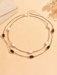 2pcs/Set Bohemian Style Asymmetrical Beaded Brown Rope Long Necklace, Fashionable Neck Jewelry For Women, Suitable For Daily Wear, Vacation, Travel And Party - Multicolor - View 2
