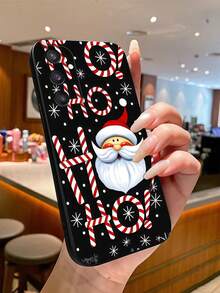 1pc TPU Black Background Santa Claus Print Phone Case, HoHoHo Candy Cane Letter Snowflake Pattern Anti-Drop Soft Protective Phone Case, Compatible With Samsung, Moto, Series Phones - Black - View 3