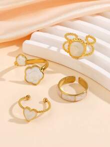 4pcs Stainless Steel 18K Gold Plated Geometric Bamboo, Heart, Flower, Oval Black White Red Drip Oil Open Ring Set. Minimalist Niche Design Suitable For Women's Daily Wear. - Multicolor - View 7