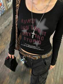 New Spring/Autumn Short Long Sleeve T-Shirt Women Y2K Generation Design Star Print Korean Style U-Neck Versatile Casual Slim Fit Top - Black - View 2
