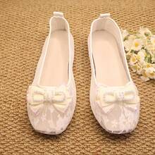 Women's Sheer Lace Flat Slip-On Shoes, Round Toe Rhinestone Bow Low Vamp Casual Shoes - White - View 6
