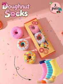 3 Pairs Mid-Calf Gift Socks, Unisex Gift Box Set, Soft And Comfortable Donut Socks, Whimsical Food-Inspired Creative Design, Suitable For Halloween/Christmas/Oktoberfest/Teacher's Day/Day Of The Dead/Back To School/New Year/Thanksgiving/Valentine's Day/Family Day Gathering/Party Holiday Gifts, Casual Daily/Party Outing/Skiing/Running/Fitness Socks, Autumn/Winter Novelty Fun Colorful Fashion Socks Wearable All Seasons - Multicolor - View 2