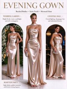 Elegant Women's Champagne Strapless Neckline Ribbon Mermaid Long Party Dress, Draped Design, Suitable For Formal Events, Prom, Party, Holiday Or Special Occasions - Champagne - View 4
