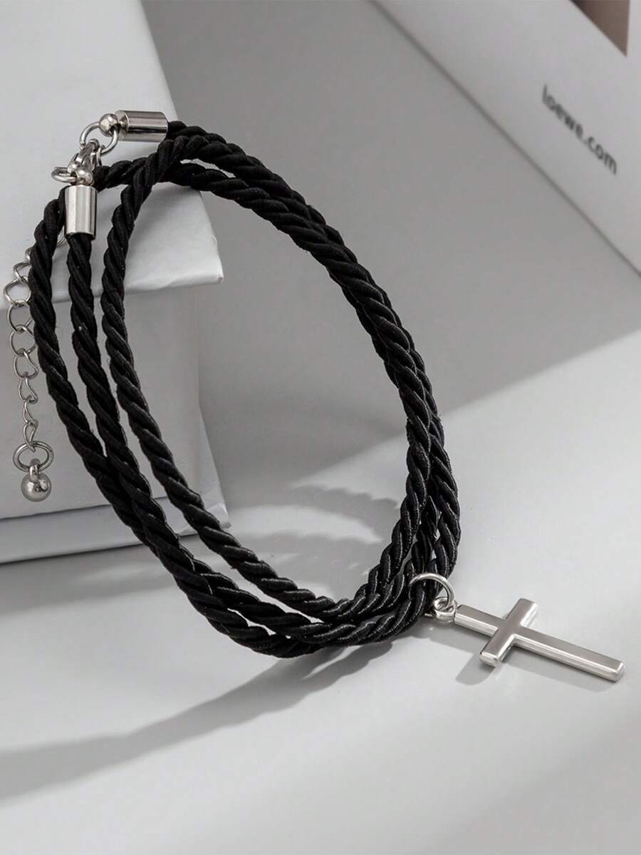 1pc Multi-Layer Braided Minimalist Men's Fashion Personalized Black Bracelet Wristband - Black - View 1