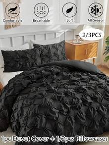 2/3件組黑色百褶抓皺被套組，現代奢華風聚酯纖維床上用品，適合四季使用，柔軟透氣北歐風被套，可機洗，適合作為禮物，Queen/King尺寸（1件被套 + 1/2件枕套，不含填充物） - 黑色 - 查看 3