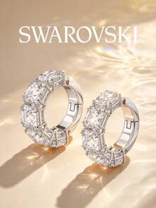 SWAROVSKI Square Cut Crystal Hoop Earrings, Fully Pave Tapered Square Crystal, Birthday Gift For Girlfriend - Silver - View 2