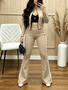 Women's Casual 2 Pieces Tracksuit Set For Spring/Autumn, Featuring A Stand Collar Short Striped Zip-Up Jacket Paired With Striped Straight-Leg Pants, Slightly Stretchy Yoga Outfit For Slim Fit - Apricot 18 - View 2