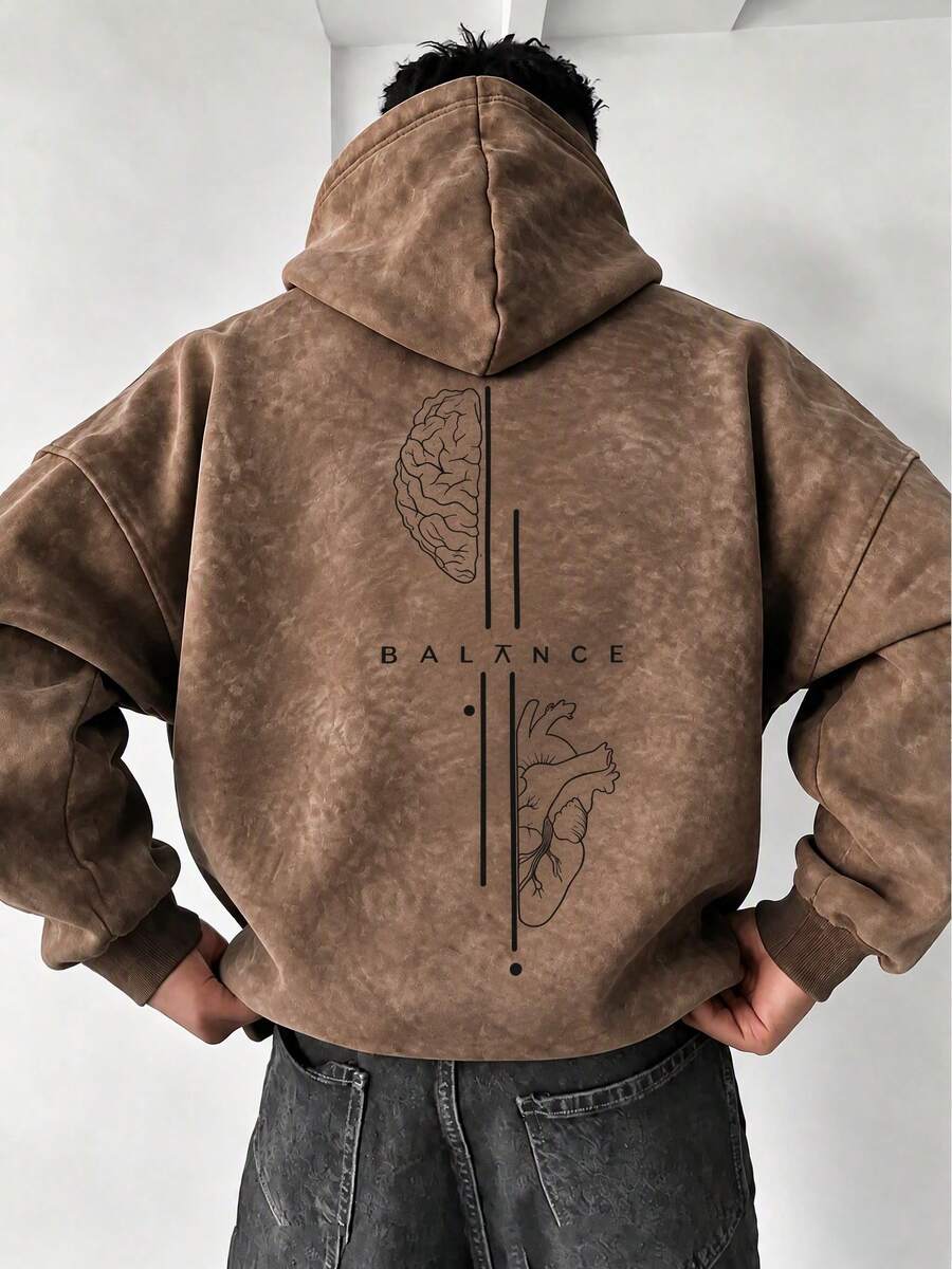 Men's Loose Drop Shoulder Distressed Washed Hoodie Sweatshirt, Autumn/Winter Brain & Heart Line Print Vintage Kangaroo Pocket Pullover - Brown - View 1