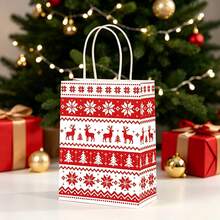 Christmas Sweater Style Gift Tote Bag, Vintage Knit Pattern With Reindeer, Snowflake And Christmas Tree Design, Kraft Paper Gift Wrapping Bag For Christmas Eve - Multicolor - View 13