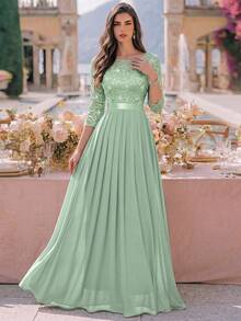 MIUSOL Elegant Sequin Floral Lace 3/4 Sleeve Pleated Hem Chiffon Formal Party Maxi Dress, Formal Evening Gown Wedding Fall - Mint Green - View 2