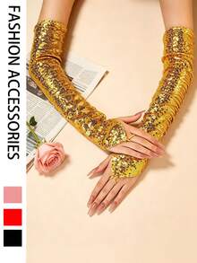 1 Pair Sequin Party Atmosphere Fashion Fingerless Gloves, Suitable For Evening Banquet, Nightclub, Party Wear For Women - Gold - View 4