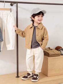 Young Boys Spring Fall Woven Jacket Outerwear Rabbit Embroidery Button Front Lapel Long Sleeve Patch Pockets Cute Casual Outdoor Wear - Brown - View 11