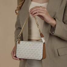 Michael Kors MK Jet Set 中號經典標誌手拿包，時尚金屬鏈條女款單肩包，拉鍊方型手提包錢包，適合購物、旅行與日常穿搭 - 白棕色 - 查看 2