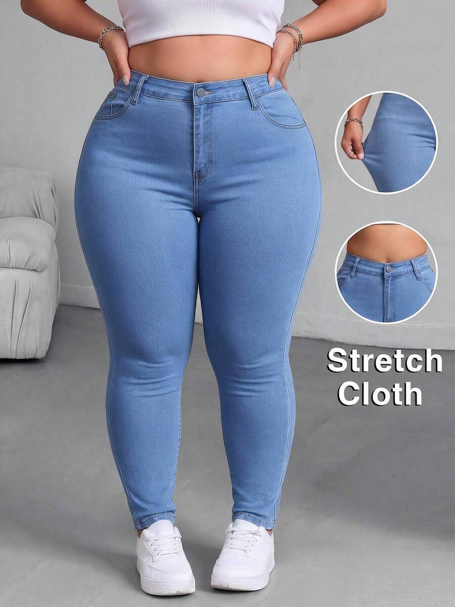 Plus Size High Stretch Women Jeans - Fall Winter Skinny Denim Pants For Curvy Women - Blue - View 1