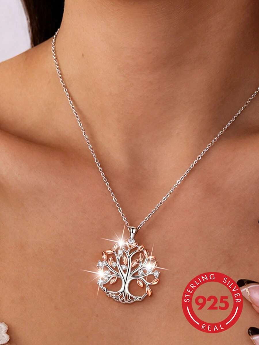 1pc Luxury Dual-Tone 925 Sterling Silver Cubic Zirconia Tree Of Life Pendant Necklace, Suitable For Women's Daily Commute And Holiday Gift - Silver - View 1