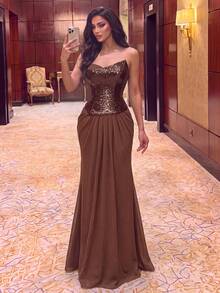 Women's Sparkling Sequin Decorated Long Mermaid Dress Elegant Sleeveless Strapless Design, Suitable For Photoshoots, Evening Parties, Events And Other Occasions - Coffee Brown - View 6