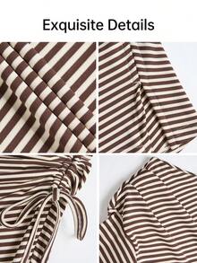 Women's Striped Asymmetrical Neck Bodycon Dress Long Sleeve Split Hem Short Knitted Elegant Mini Dress - Brown - View 3