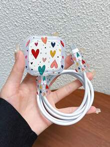 3pcs Colorful Heart Pattern Data Cable Charger Wave-Shaped Protective Cover Compatible With UK Standard 20W Apple Charger, Transparent Anti-Shatter Cover, Protects Phone, 3-Prong Charger, Cable Protective Cover (Protective Cover Only, Charger And Data Cable For Display Only) - Multicolor - View 1
