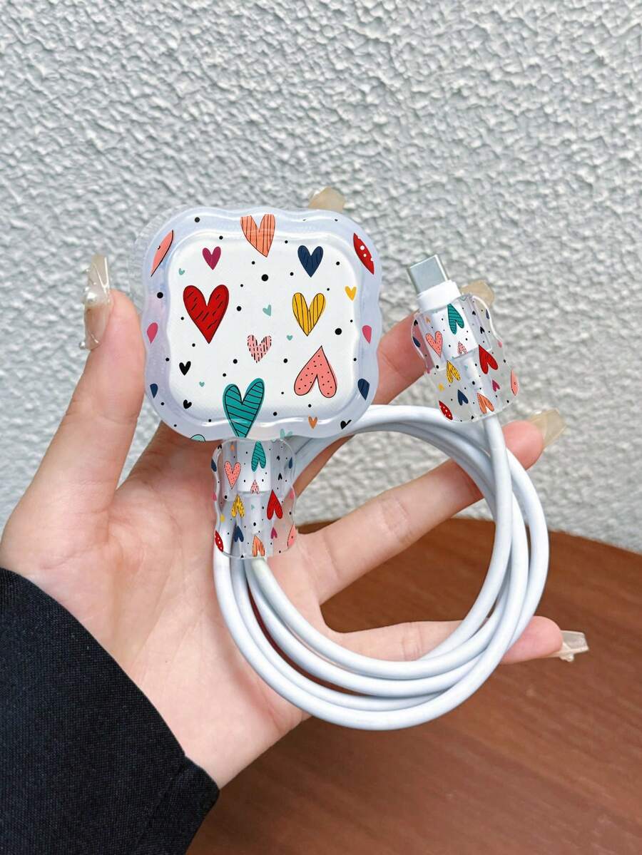 3pcs Colorful Heart Pattern Data Cable Charger Wave-Shaped Protective Cover Compatible With UK Standard 20W Apple Charger, Transparent Anti-Shatter Cover, Protects Phone, 3-Prong Charger, Cable Protective Cover (Protective Cover Only, Charger And Data Cable For Display Only) - Multicolor - View 1