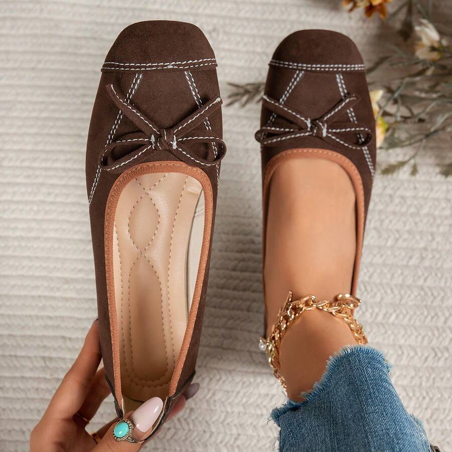 Women's Brown Faux Suede Flat Ballet Pumps With Contrast Stitching, Bow Decor, Square Toe, Low Vamp, Vintage Commuter Style, Spring/Autumn - Brown - View 1