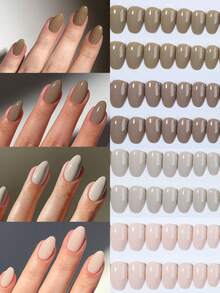 96pcs (4 Colors Mixed) Short Oval Press-On False Nails, Apricot & Brown Glossy Acrylic Nail Art Set, Includes 1pc Jelly Glue And 1pc Nail File, Suitable For Autumn/Winter - Multicolor - View 1