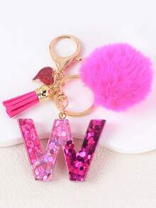 1pc Letter Keychain With Heart Pendant, Cute Rose Red Pom Pom Tassel Key Chain Decoration - Multicolor - View 13