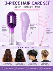 3Pcs Women's Hair Styling Tool Set, Includes Refillable Spray Comb, Anti-Static Detangling Comb, And Volumizing Styling Comb. Designed To Moisturize, Detangle, And Create Voluminous Hairstyles, Suitable For Salon, Home, Travel, And Vacation Use - Multicolor - View 4