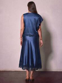 Sollinarry Women's Autumn/Winter New Plus Size Asymmetric Top & Drapey Midi Skirt 2 Pieces Set, One-Shoulder Asymmetric Ruffle Sleeve Top, Lace Patchwork Satin Outfit, Suitable For Party, Cocktail, Wedding Guest Wear - Navy Blue - View 7