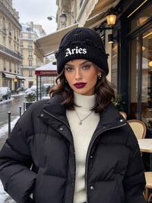 1Pc 12 Zodiac Signs Print Street Distressed Knit Beanie Hat, Warm Outdoor Fashion Couple/Student Knitted Cap, Suitable For Daily Wear, Autumn/Winter - Black - View 4