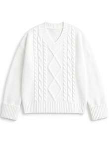 Women's White Cable Knit Diamond Pattern V-Neck Drop Shoulder Loose Sweater, College Vintage Knit Top, Suitable For Campus, Dating, Holiday, Party - White - View 6