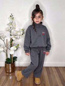Young Girl Cherry Pattern Stand Collar Long Sleeve Sweatshirt And Pants - Dark Grey - View 1